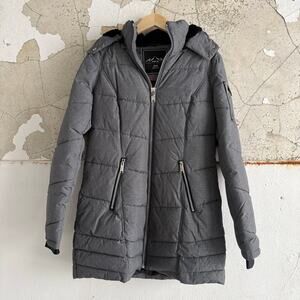 HFX Long Puffer Coat Gray Hooded Winter Jacket Faux Fur Lined Womens M Parka